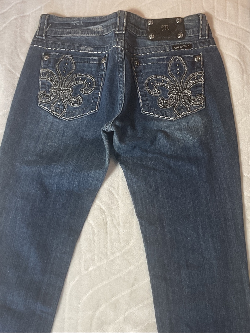 Miss Me Blue Distressed Denim Jeans with Decorative Patch